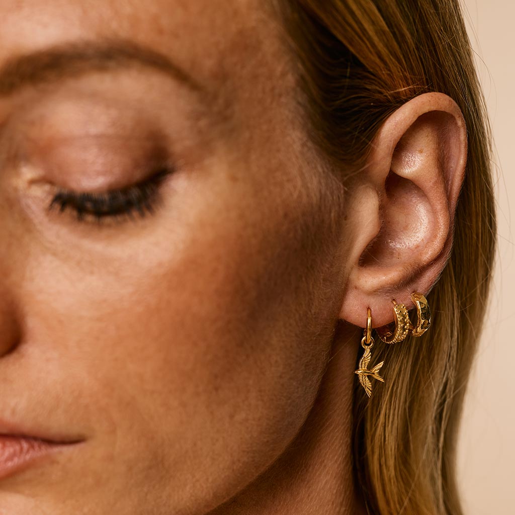 Gold Swallow in Flight Huggie Hoop Earrings