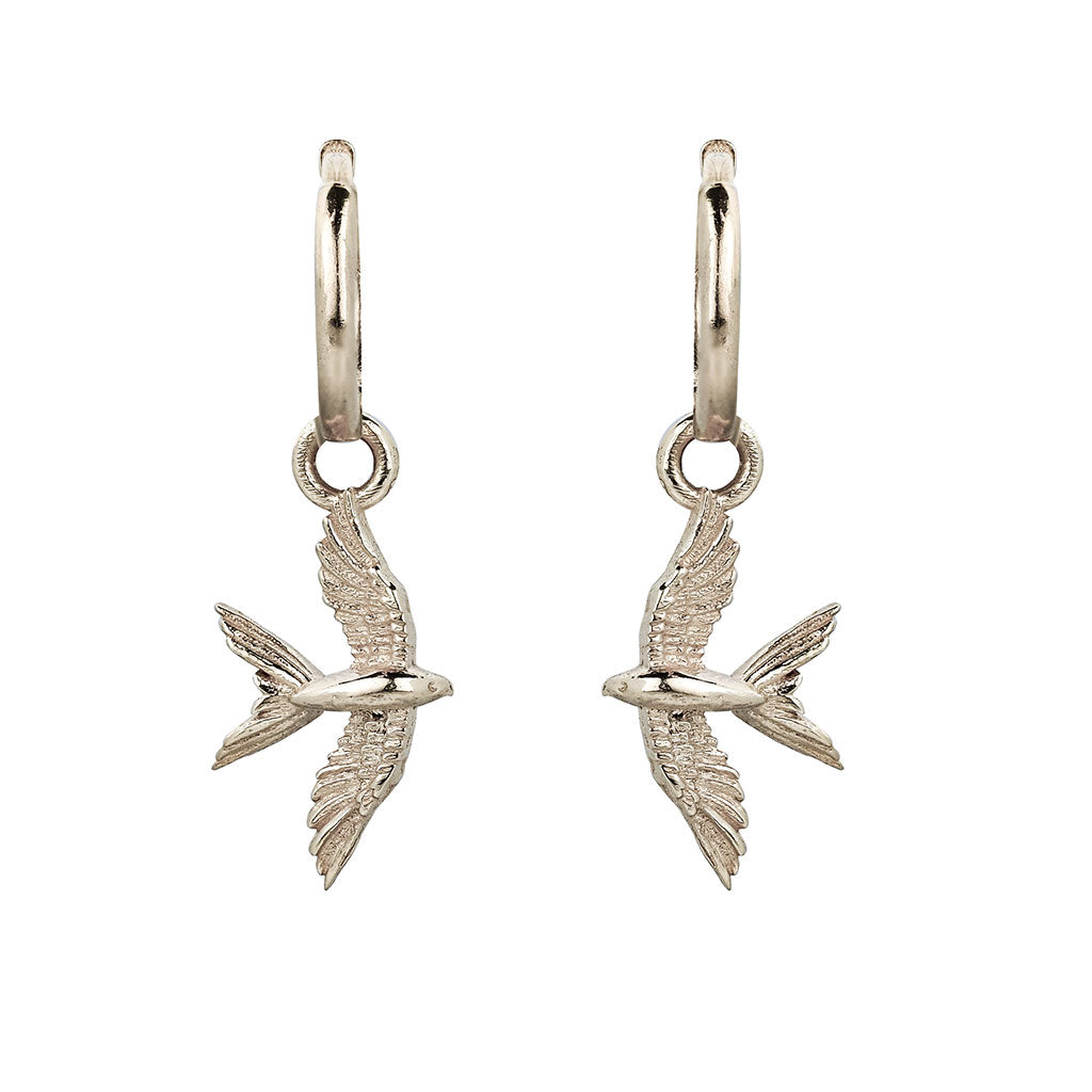 Silver Swallow In Flight Hoop Earrings