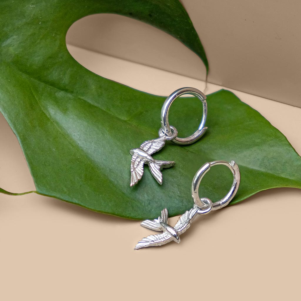 Silver Swallow In Flight Hoop Earrings