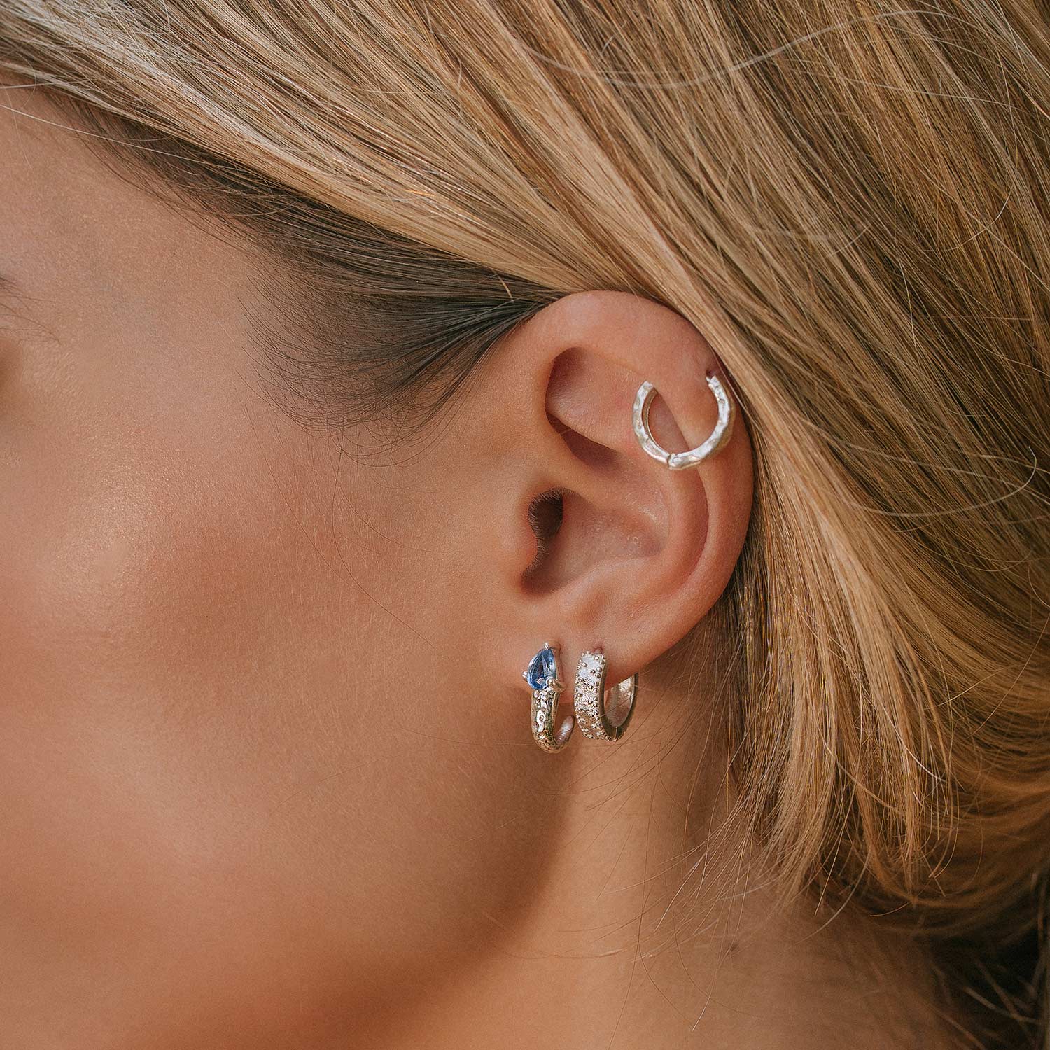Sterling silver huggie hoops, Layered ear, Helix earrings, Blue gemstone earrings, Kyanite earrings, Silver huggie hoops