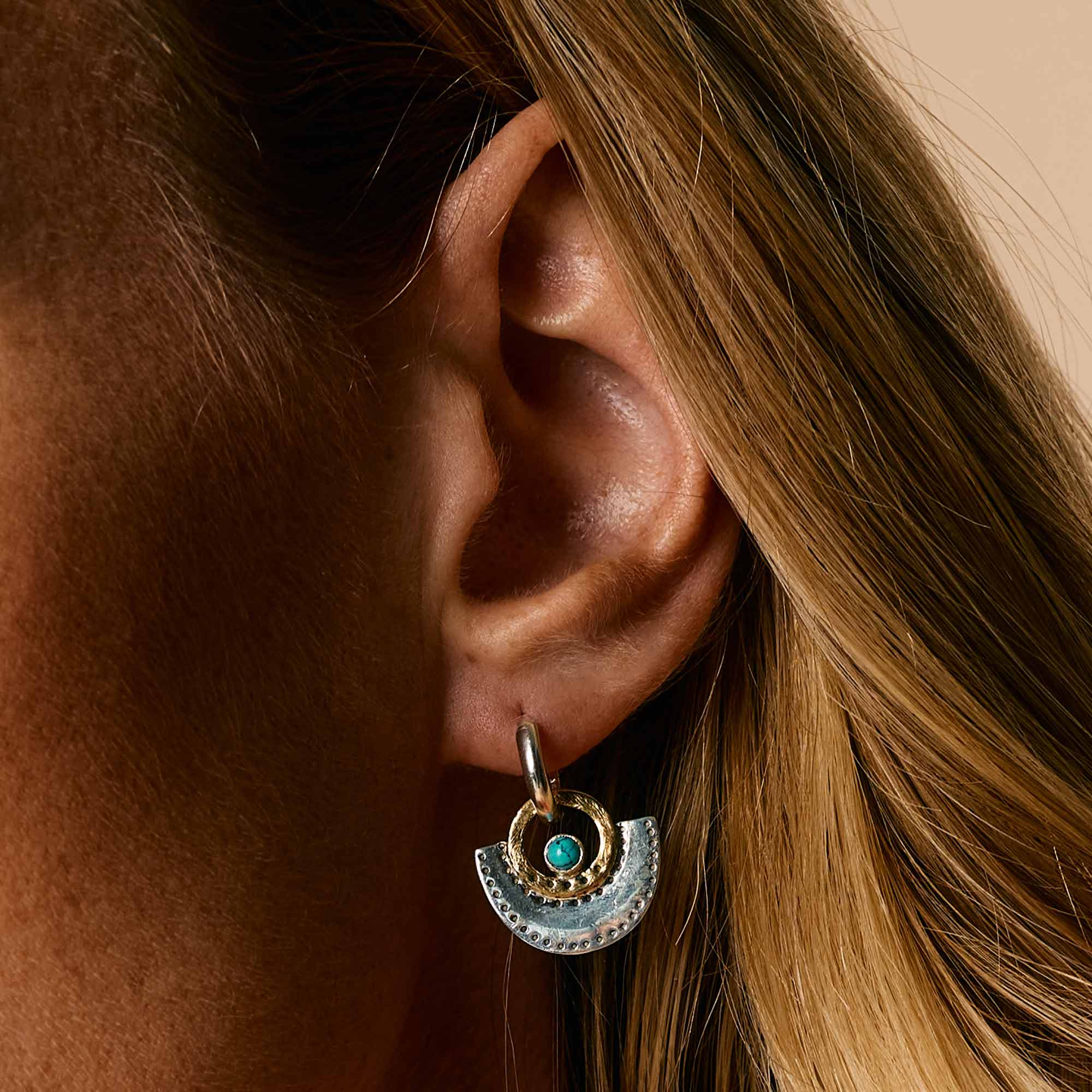 Mixed Metal Turquoise Fan Earrings