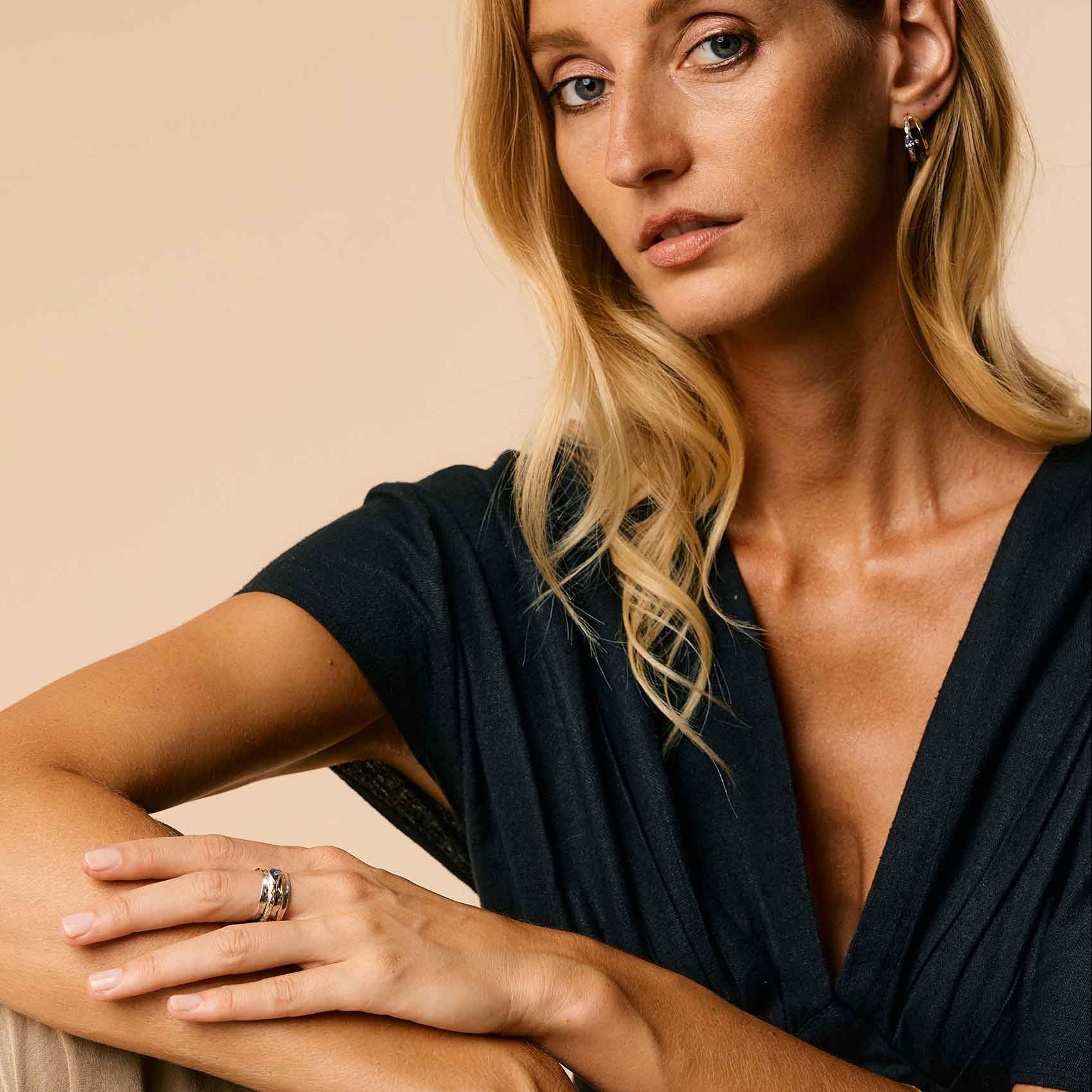 Mixed metal double hoop earrings with tanzanite, Double hoop earrings, Handmade earrings