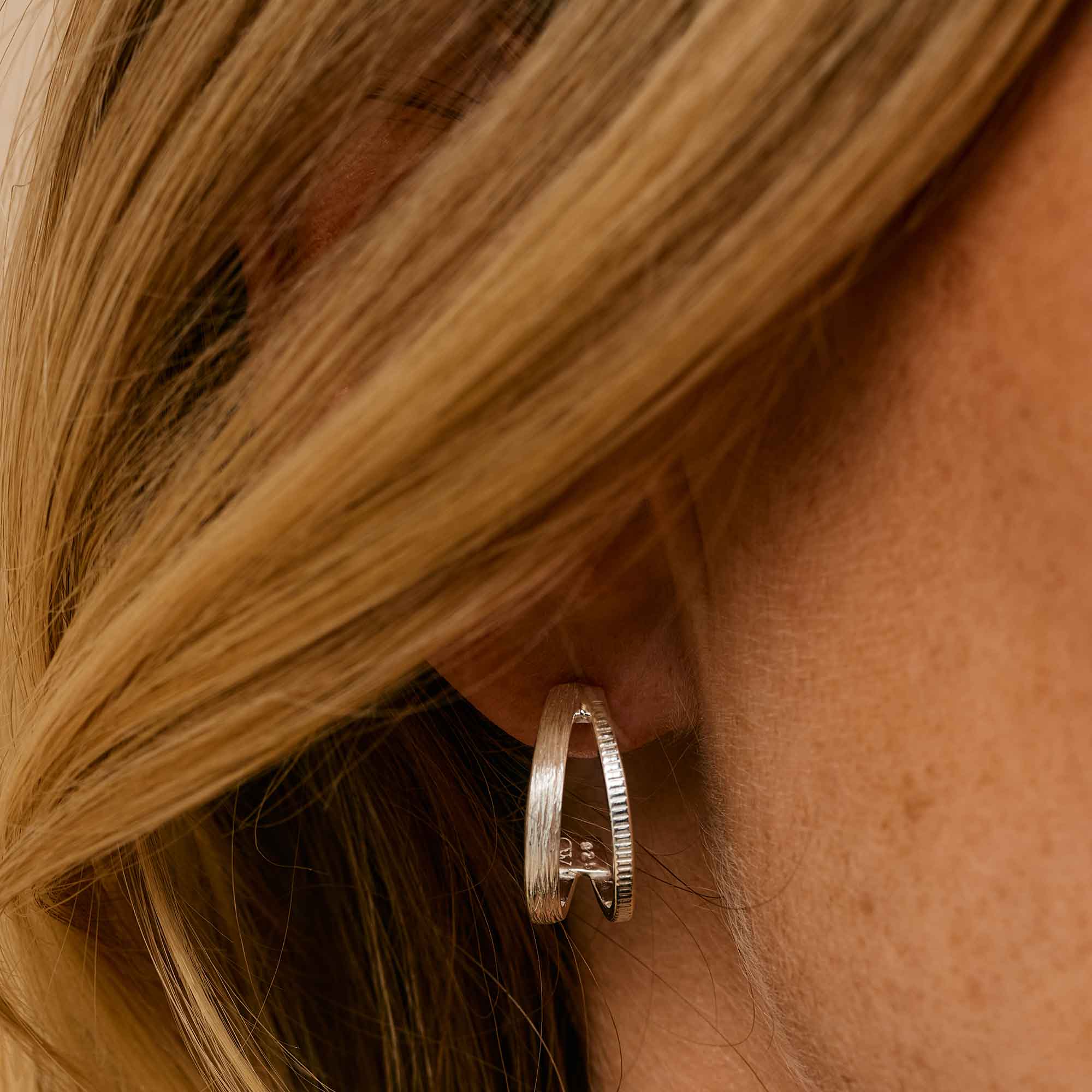 Silver Etched Double Band Hoop Earrings