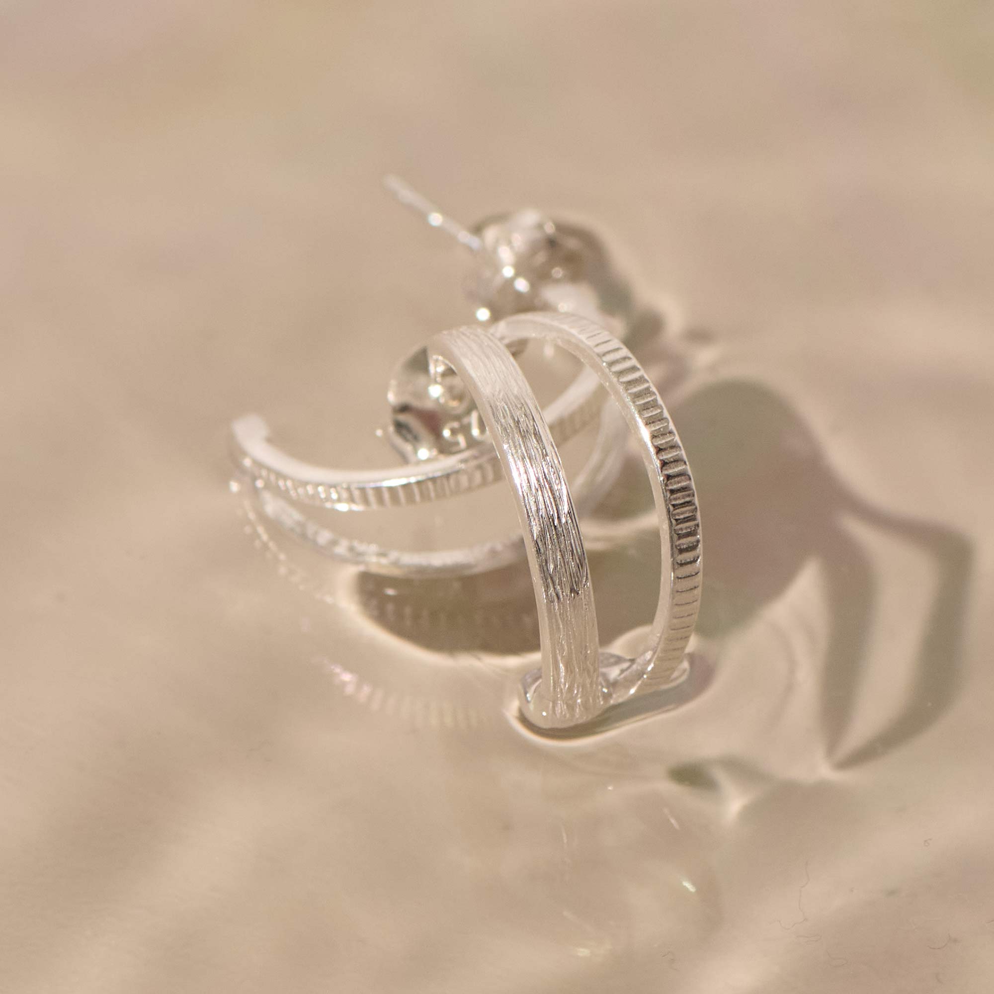 Silver Etched Double Band Hoop Earrings