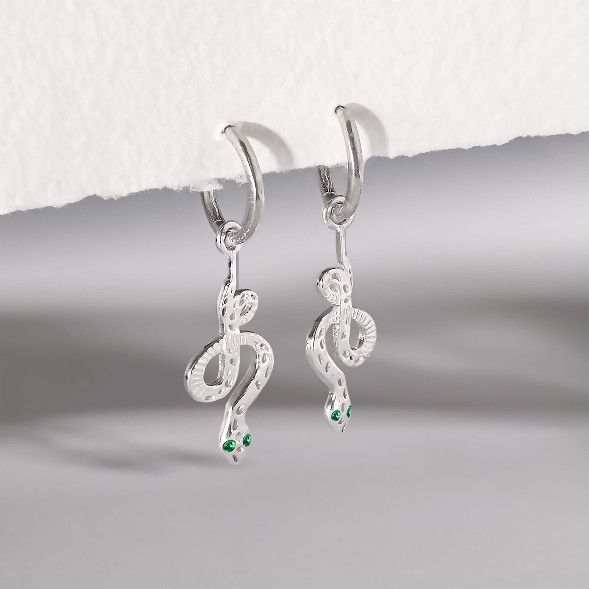 Silver snake earrings, Sterling silver snake earrings, Silver snake huggie hoops, Sterling silver huggie hoops, Emerald gemstones, May birthstone, Huggie Hoops