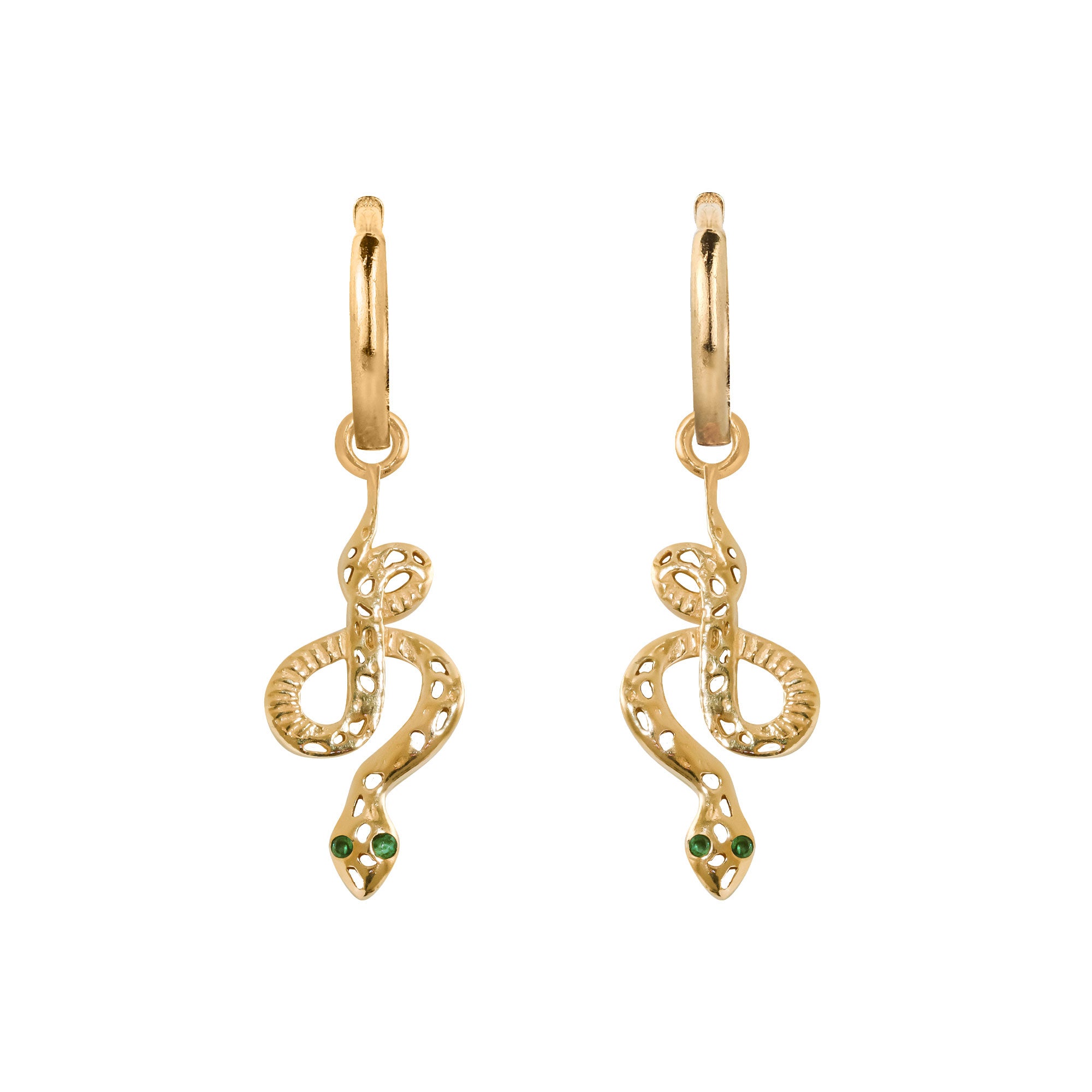 Gold Snake Earrings, Gold Snake Drop Earrings, Gold Serpent Earrings, Gold Snakes with Emerald Eyes Earrings, Gold Huggie Hoops, Handmade Earrings
