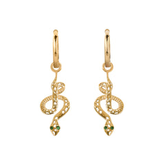 Gold Snake Earrings, Gold Snake Drop Earrings, Gold Serpent Earrings, Gold Snakes with Emerald Eyes Earrings, Gold Huggie Hoops, Handmade Earrings
