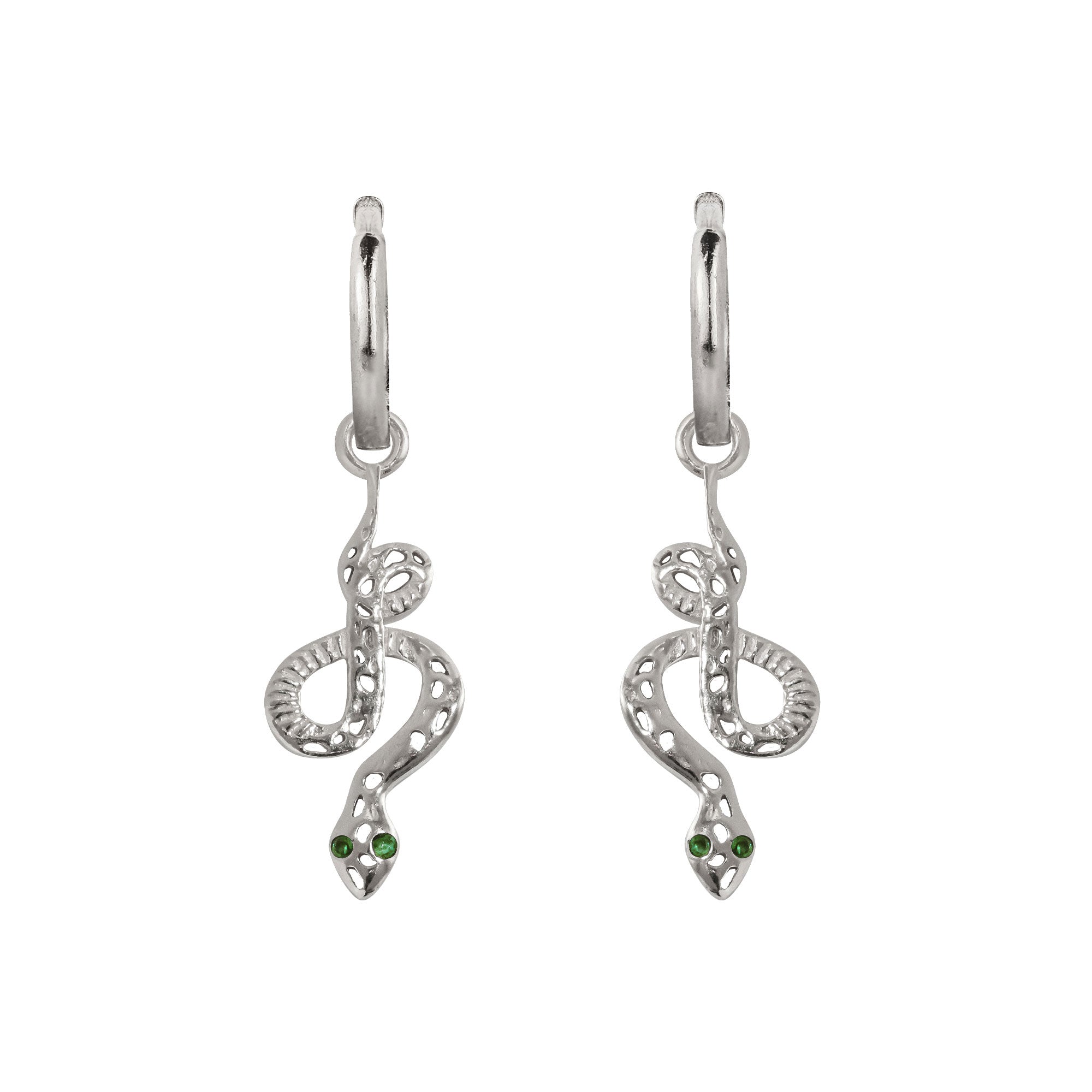 Silver Snake Earrings with Green Gemstones, Silver Snake Huggie Hoops, Silver Snake Earrings, Snake Earrings, Serpent Earrings, May Birthstone, Silver Huggie Hoops