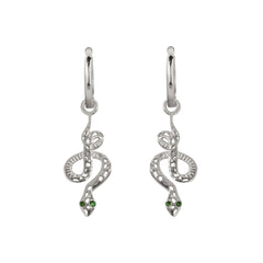 Silver Snake Earrings with Green Gemstones, Silver Snake Huggie Hoops, Silver Snake Earrings, Snake Earrings, Serpent Earrings, May Birthstone, Silver Huggie Hoops