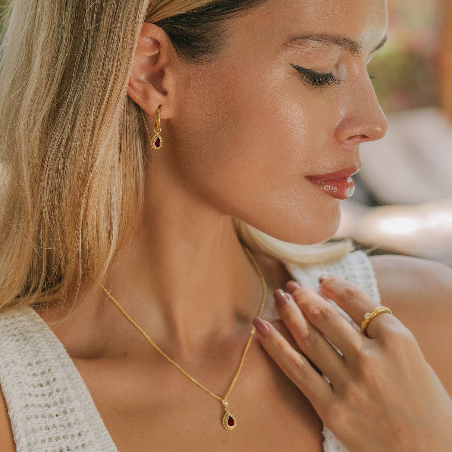 Gold Birthstone Necklace and Huggie Hoop Earring Set, Gift For Her, Garnet, January Birthstone