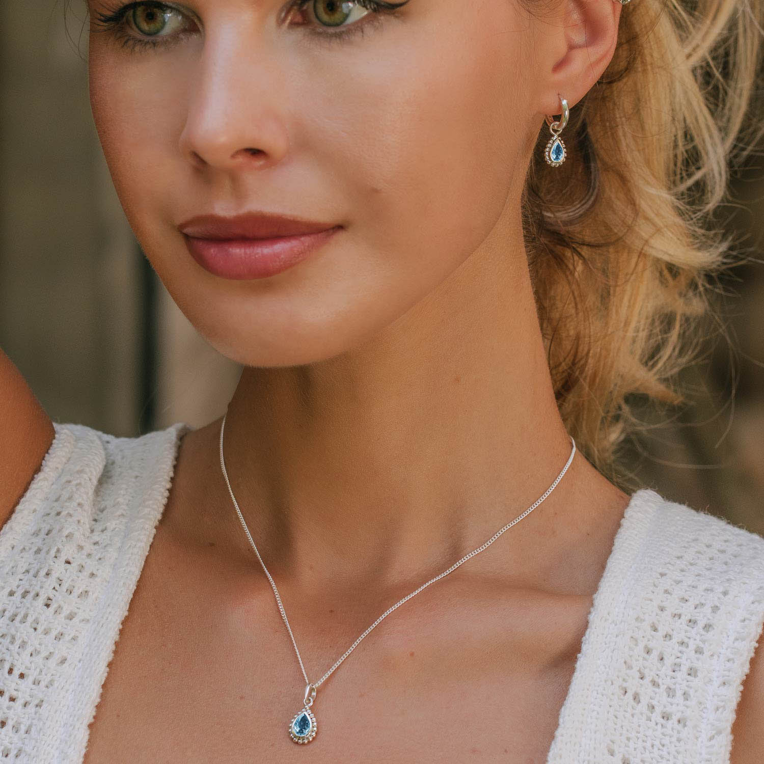 Silver Birthstone Necklace and Huggie Hoop Earring Set, Gift For Her, Blue Topaz, November Birthstone