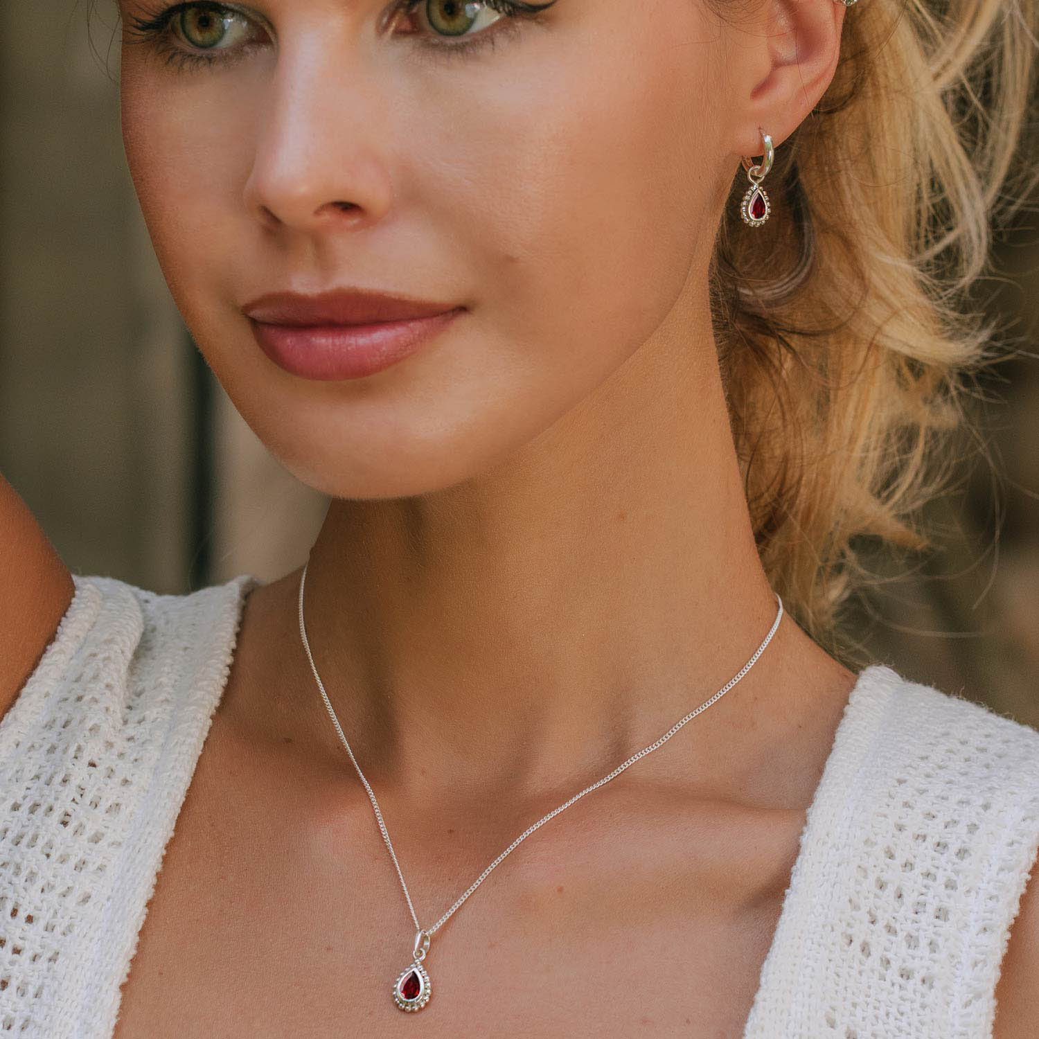 Silver Birthstone Necklace and Huggie Hoop Earring Set, Gift For Her, Garnet, January Birthstone