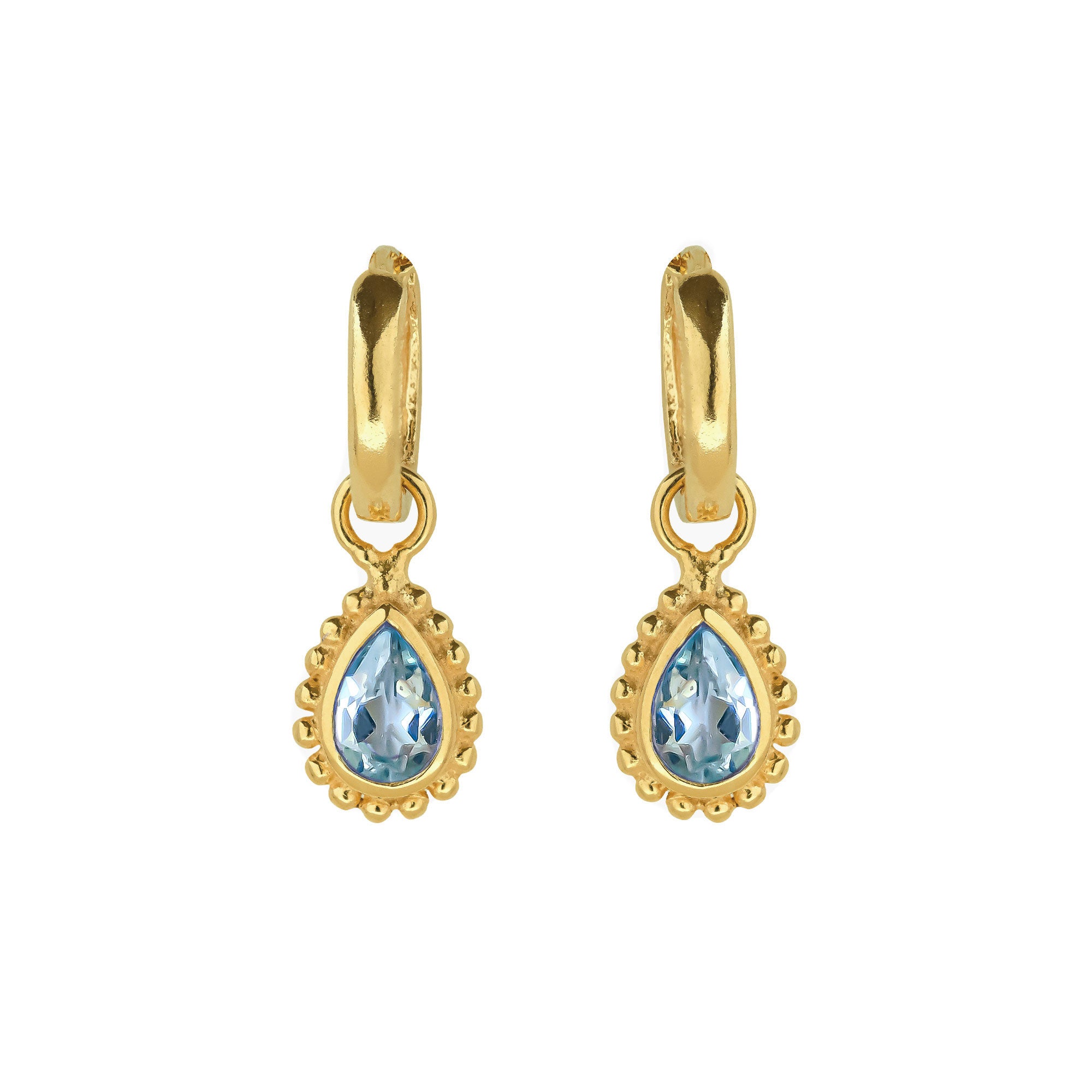 November Birthstone Blue Topaz Gold Pear Shaped Huggie Hoop Earrings, Birthstone Jewellery, Handmade