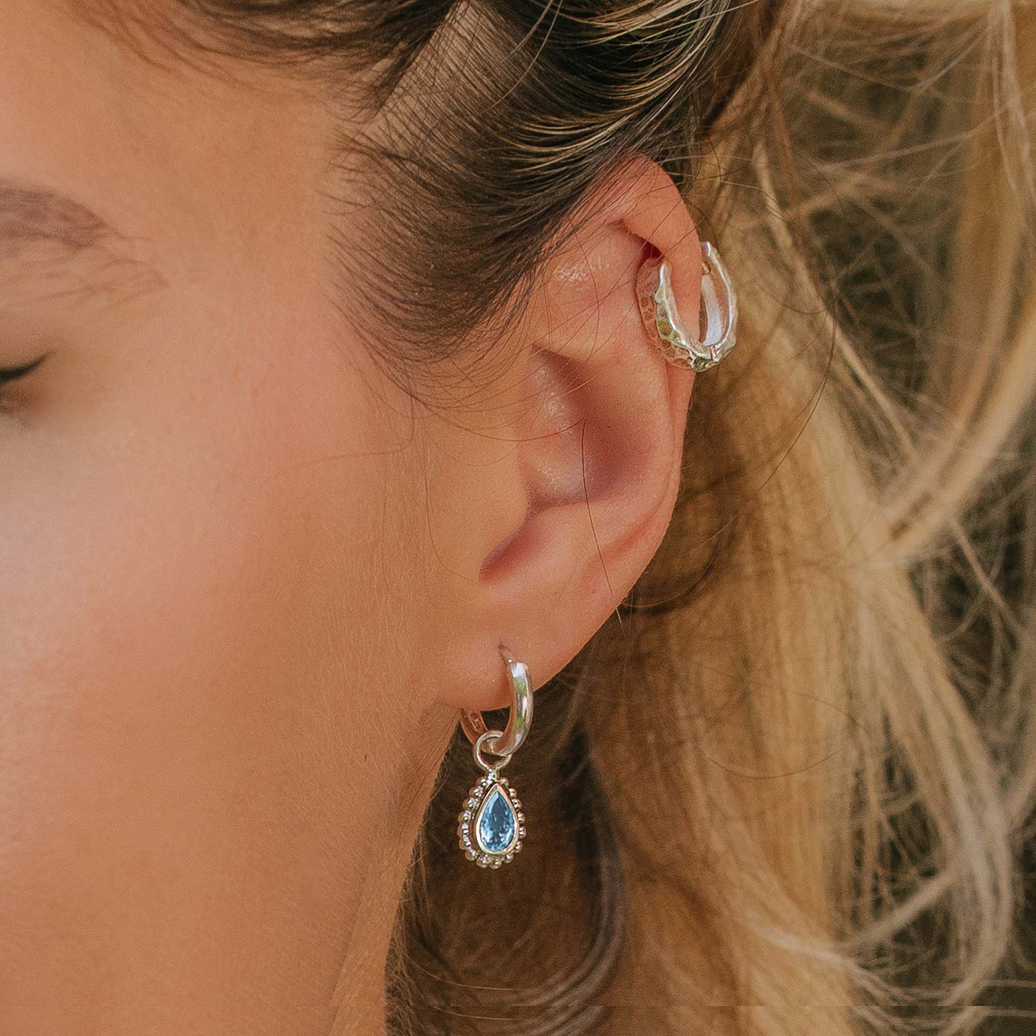 Blue Topaz Silver Huggie Hoop Earrings