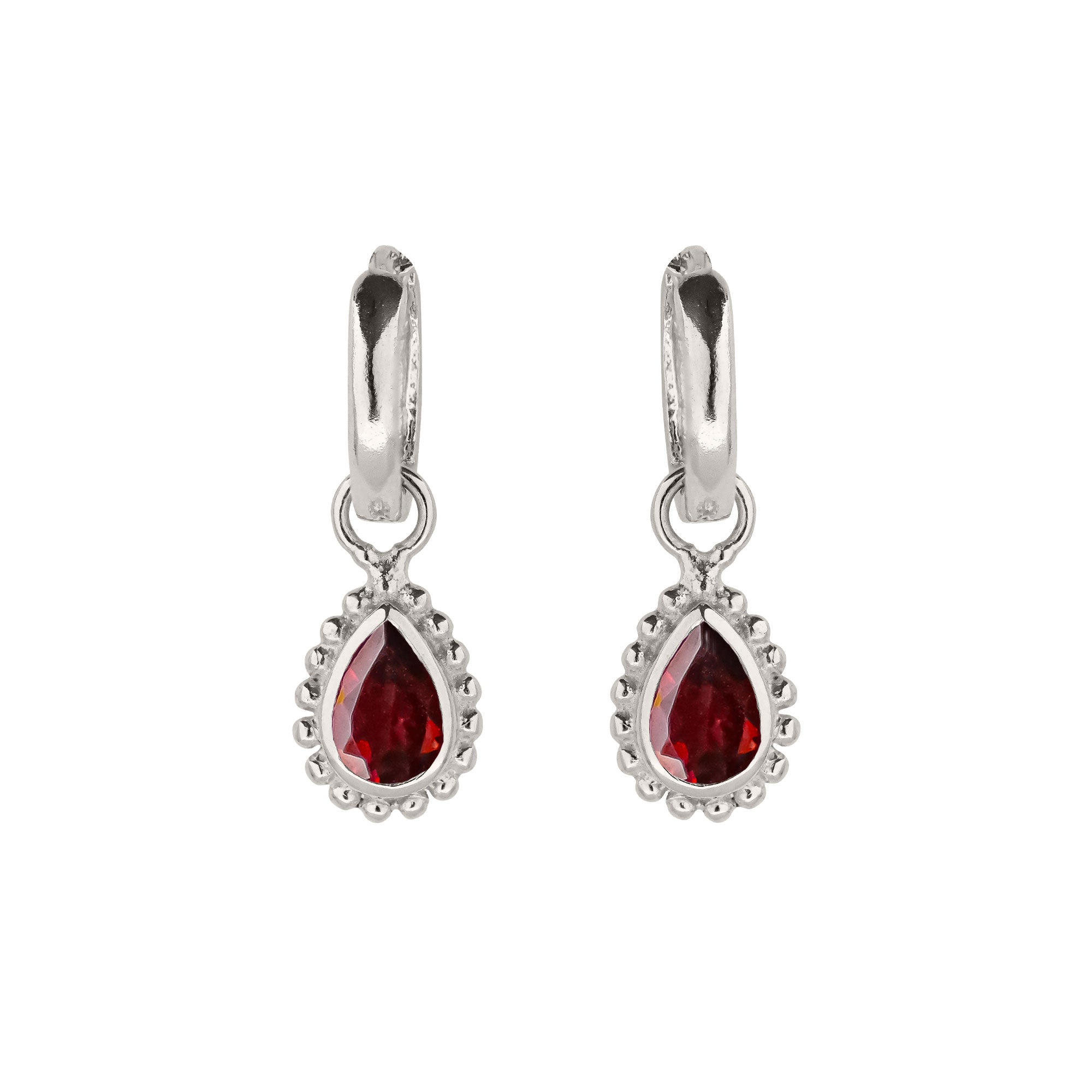 Silver and Garnet Pear shaped huggie hoop earrings