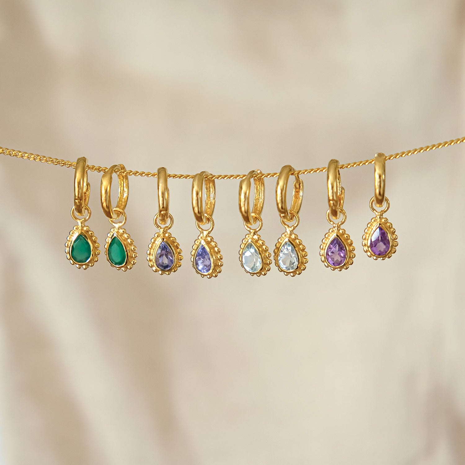 Gold Pear Shaped Birthstone Huggie Hoop Earrings