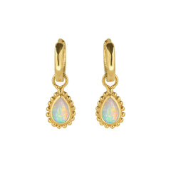 October Birthstone Earrings, Opal Pear Shape Gold Huggie Hoops