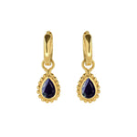 Sapphire Gold Huggie Hoops, September Birthstone Earrings, Pear Shape Sapphires