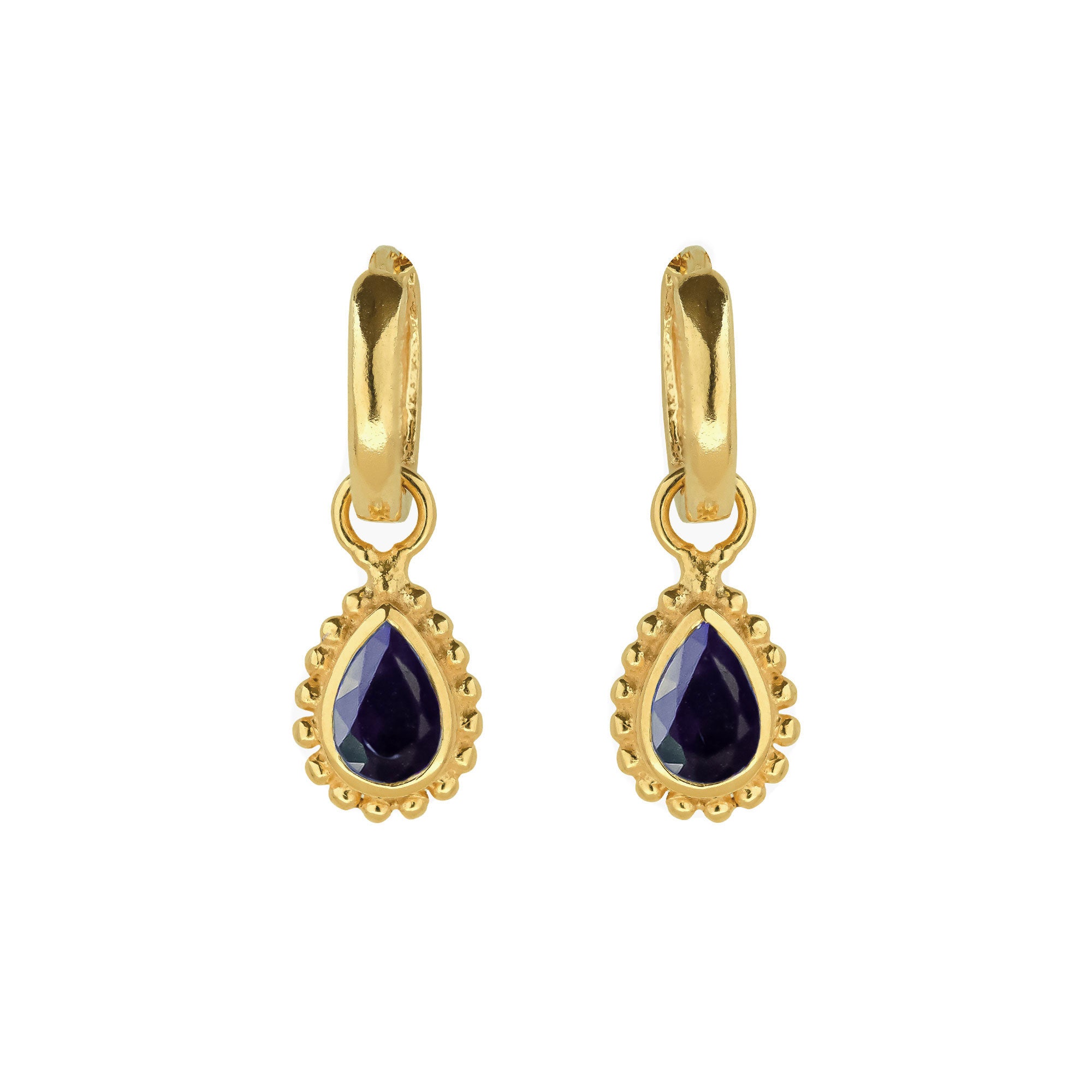 Sapphire Gold Huggie Hoops, September Birthstone Earrings, Pear Shape Sapphires