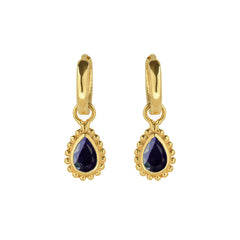 Sapphire Gold Huggie Hoops, September Birthstone Earrings, Pear Shape Sapphires
