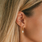 April Birthstone Pear Shaped Gold Huggie Hoop Earrings, White Topaz, Handmade