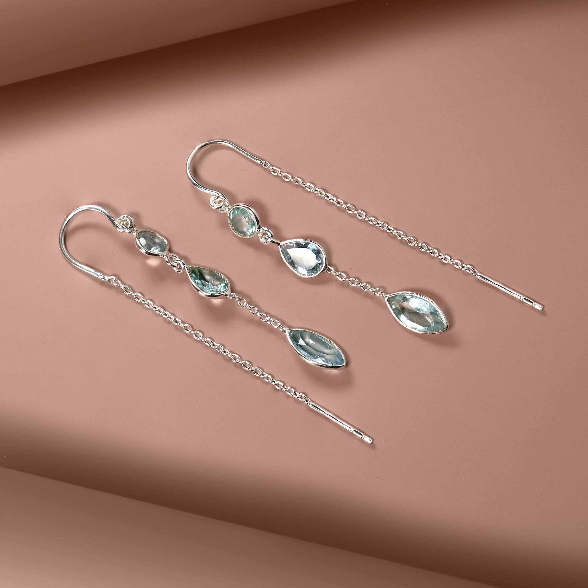 Sterling silver threader earring with blue topaz teardrop gemstones, Blue topaz teardrop earrings, Blue topaz earrings, November birthstone threader earrings, Blue gemstone threaders, Blue gemstone pull though earrings