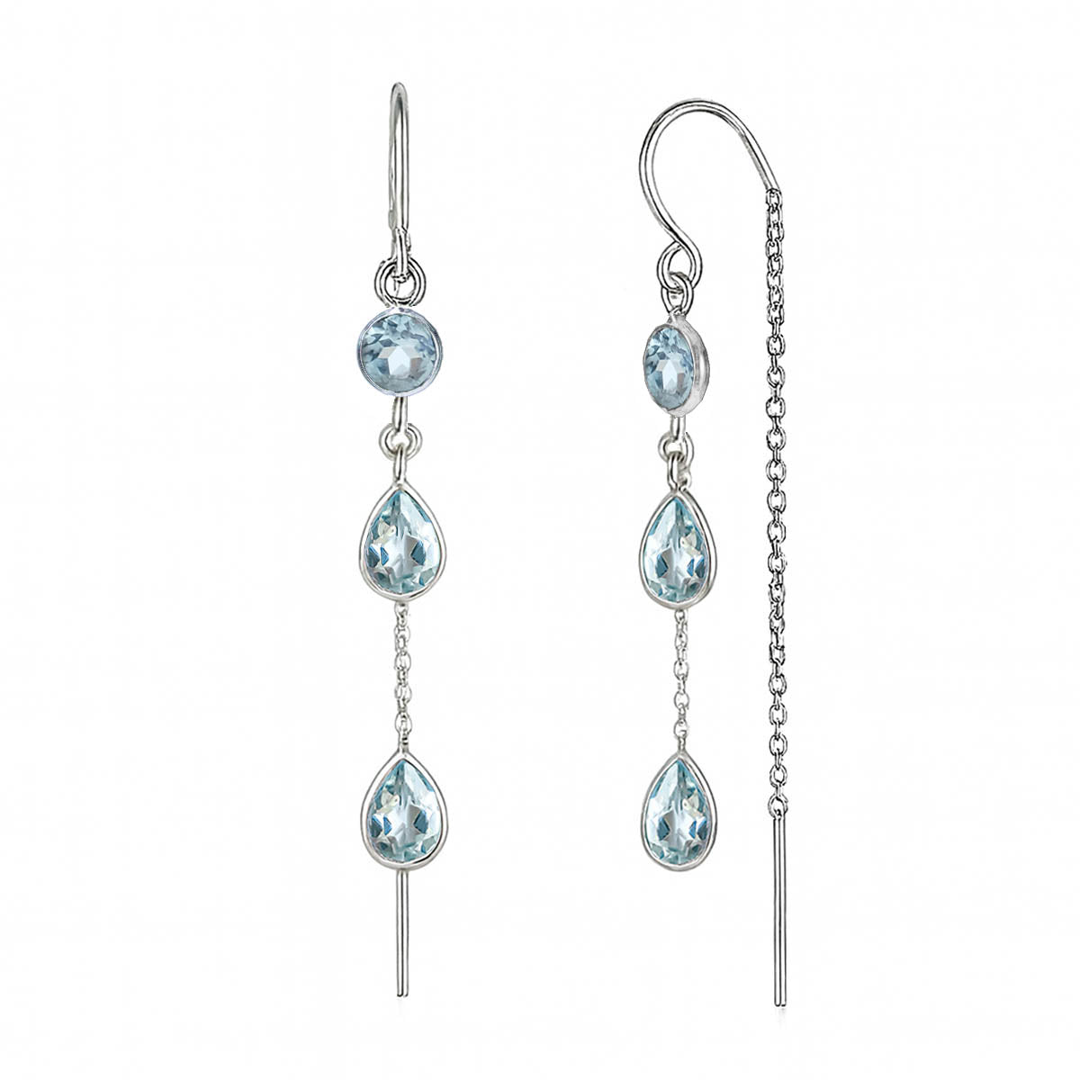 Silver earrings with teardrop-shaped gemstones, Blue topaz teardrop threader earrings, Blue topaz threader earrings, Blue topaz dangle earrings, November birthstone earrings