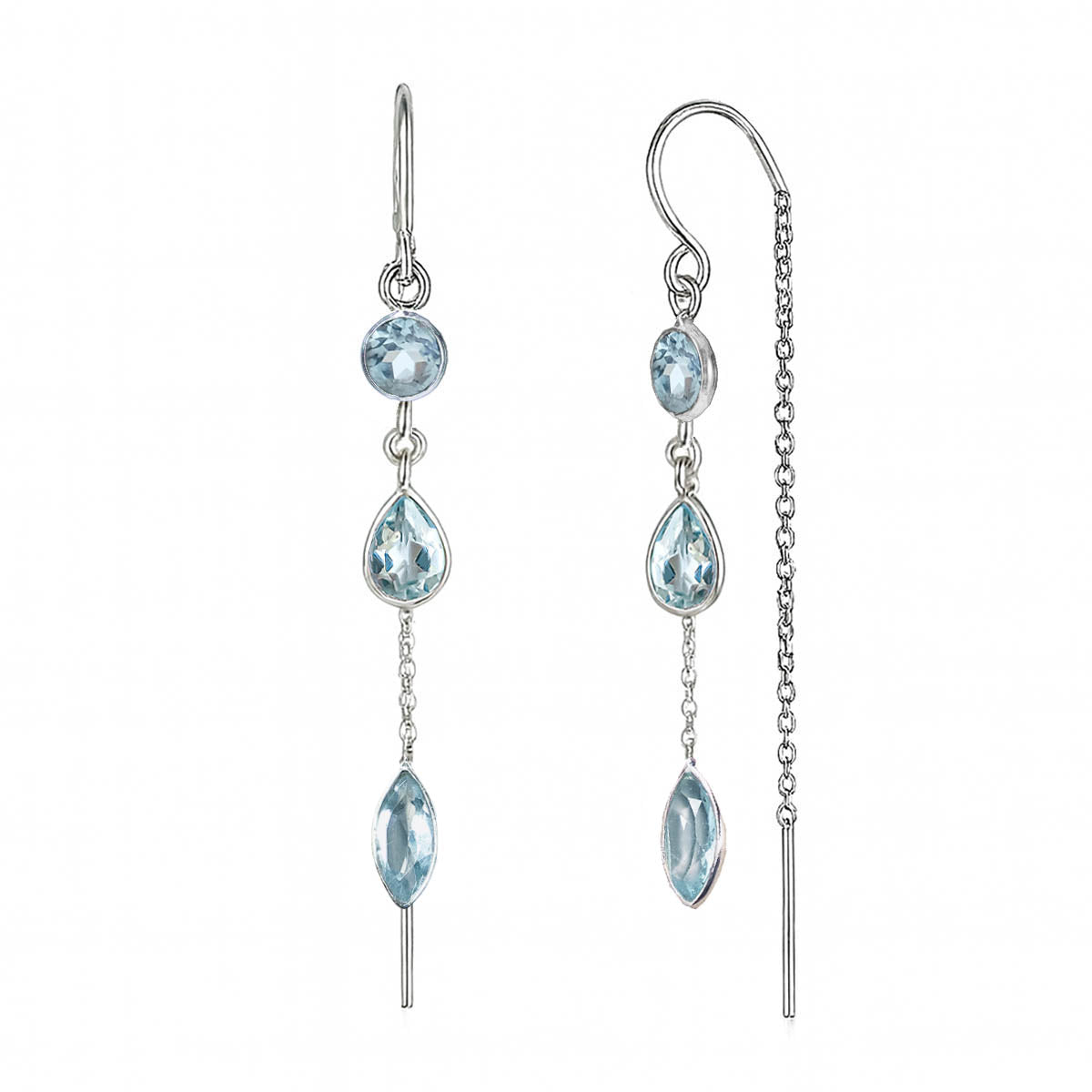 Blue Topaz Threaders, Blue Topaz Earrings, November Birthstone Earrings, Blue Topaz Drop Earrings, Sterling Silver November Birthstone Threader Earrings