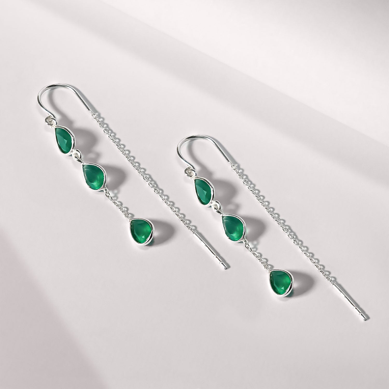 Green Onyx Dangle Earrings, Green Onyx Threader Earrings, Green Onyx Pull Through Earrings, Green Onyx Earrings, Sterling Silver Threaders, Handmade Jewellery, Green Gemstone Threader Earrings