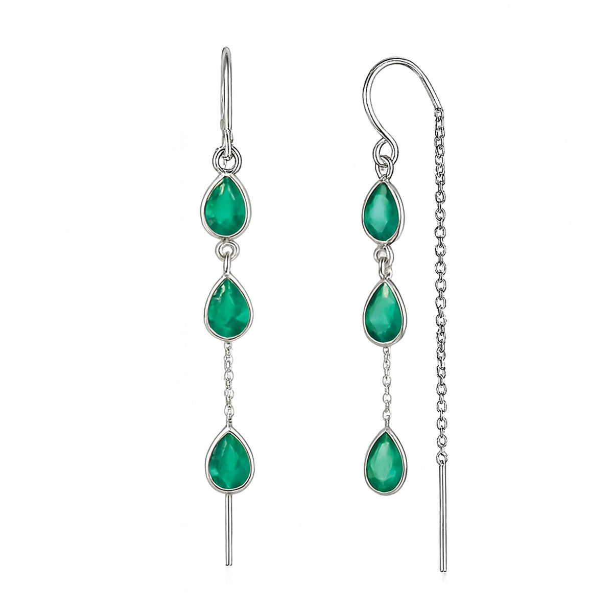 Green onyx threaders, Green onyx earrings, Green onyx pull through earrings, Green onyx chain earrings, Green onyx gemstone earrings, Silver threader earrings