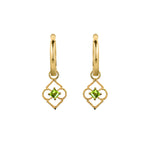 Gold and Peridot Symbolic Huggie Hoops, Peridot Huggie Hoop Earrings, Gold Huggie Hoop Charm Earrings, August Birthstone Charm Huggie Hoop Earrings