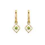 Gold and Peridot Symbolic Huggie Hoops, Peridot Huggie Hoop Earrings, Gold Huggie Hoop Charm Earrings, August Birthstone Charm Huggie Hoop Earrings