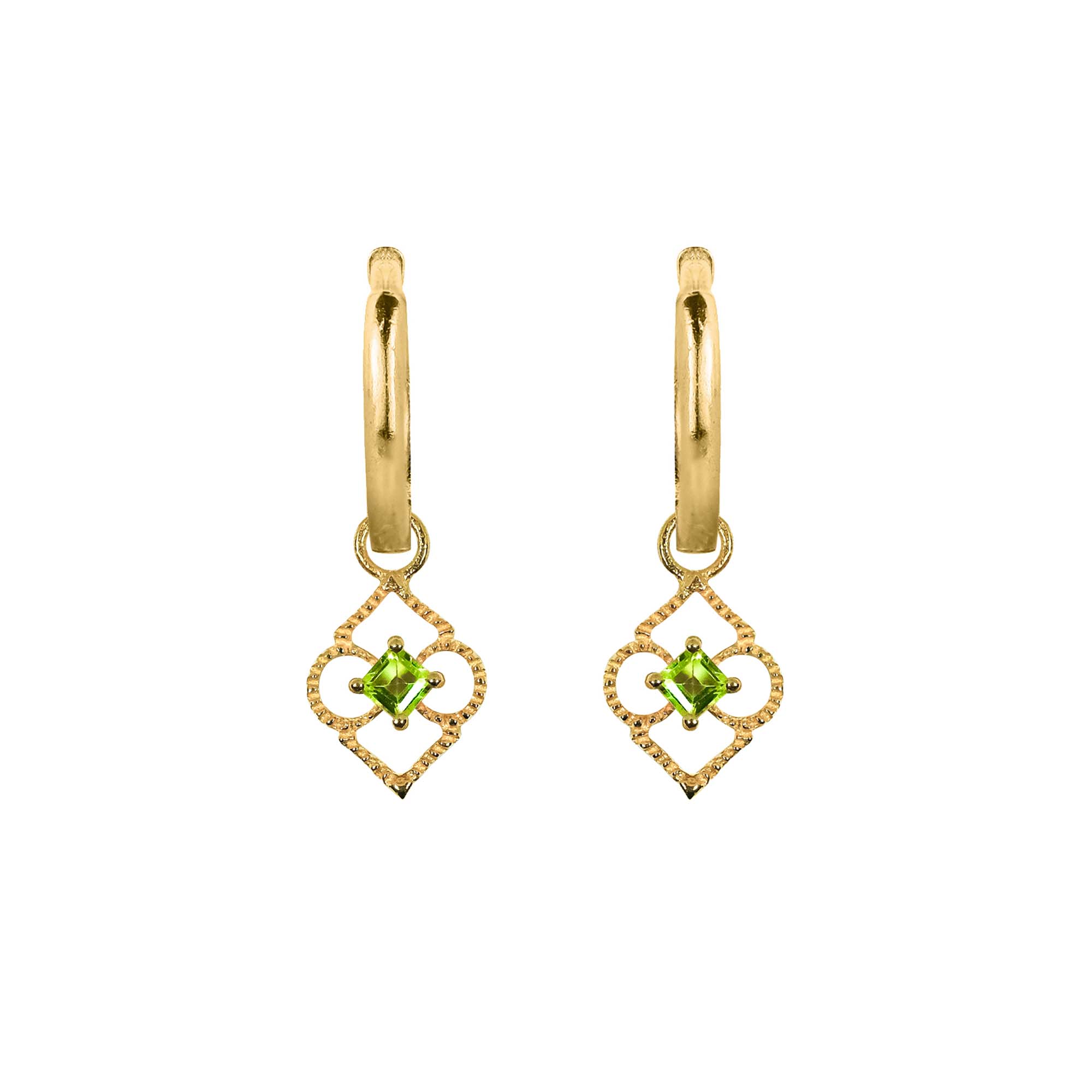 Gold and Peridot Symbolic Huggie Hoops, Peridot Huggie Hoop Earrings, Gold Huggie Hoop Charm Earrings, August Birthstone Charm Huggie Hoop Earrings