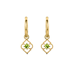 Gold and Peridot Symbolic Huggie Hoops, Peridot Huggie Hoop Earrings, Gold Huggie Hoop Charm Earrings, August Birthstone Charm Huggie Hoop Earrings