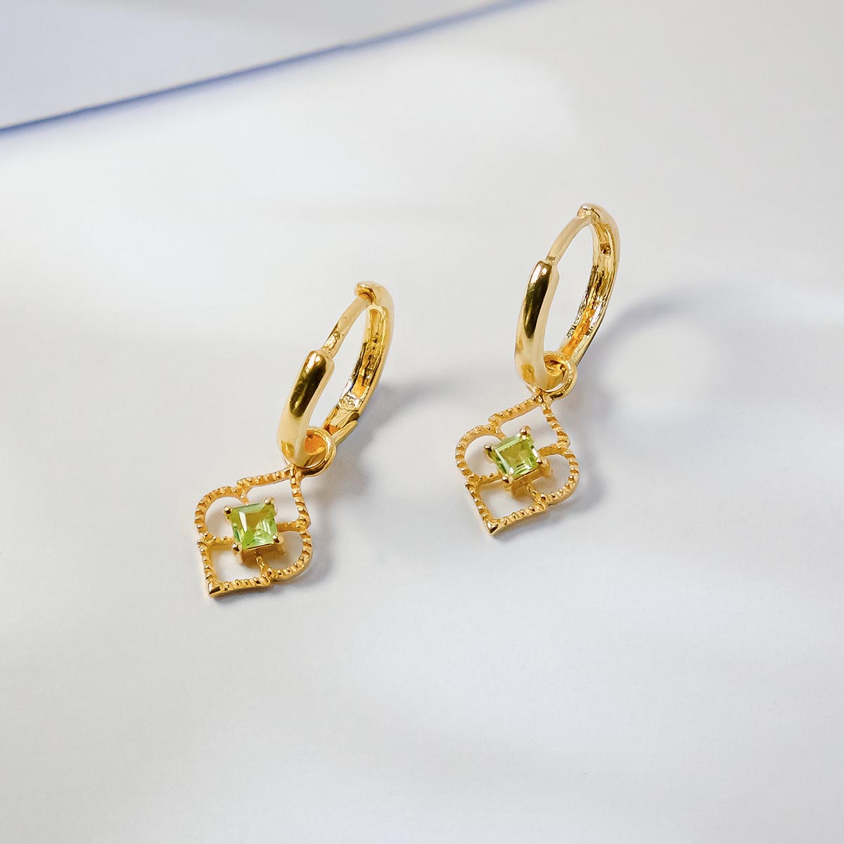 Gold Charm Huggie Hoop Earrings, Peridot Charm Earrings, August Birthstone Gold Huggie Hoops