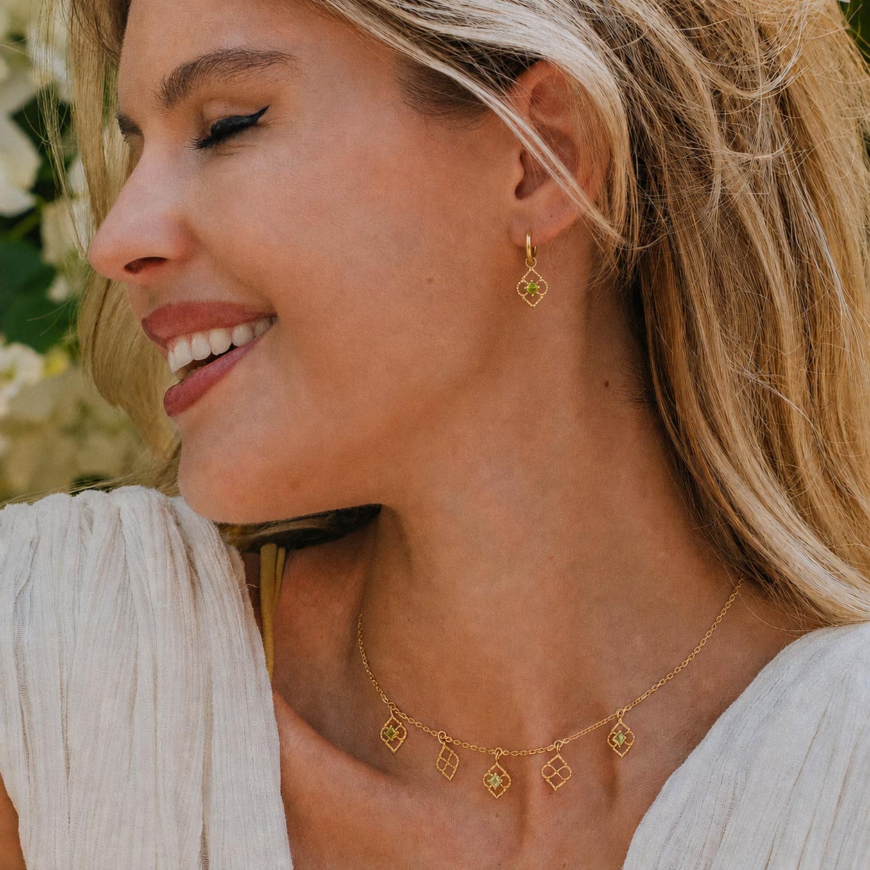 August Birthstone Charm Huggie Hoop Earrings and Necklace, Peridot Huggie Hoops, Gold Charm Huggie Hoop Earrings, Handmade Symbolic Gold Earrings