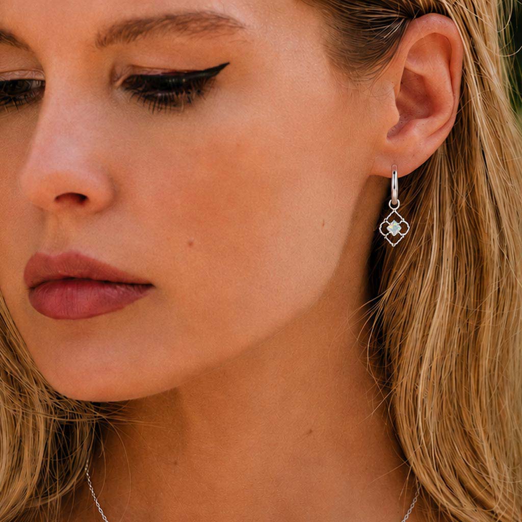 Opal Charm Silver Huggie Hoops, Silver Charm Huggie Hoop Earrings, Opal Silver Dangle Huggies, October Birthstone Charm Earrings