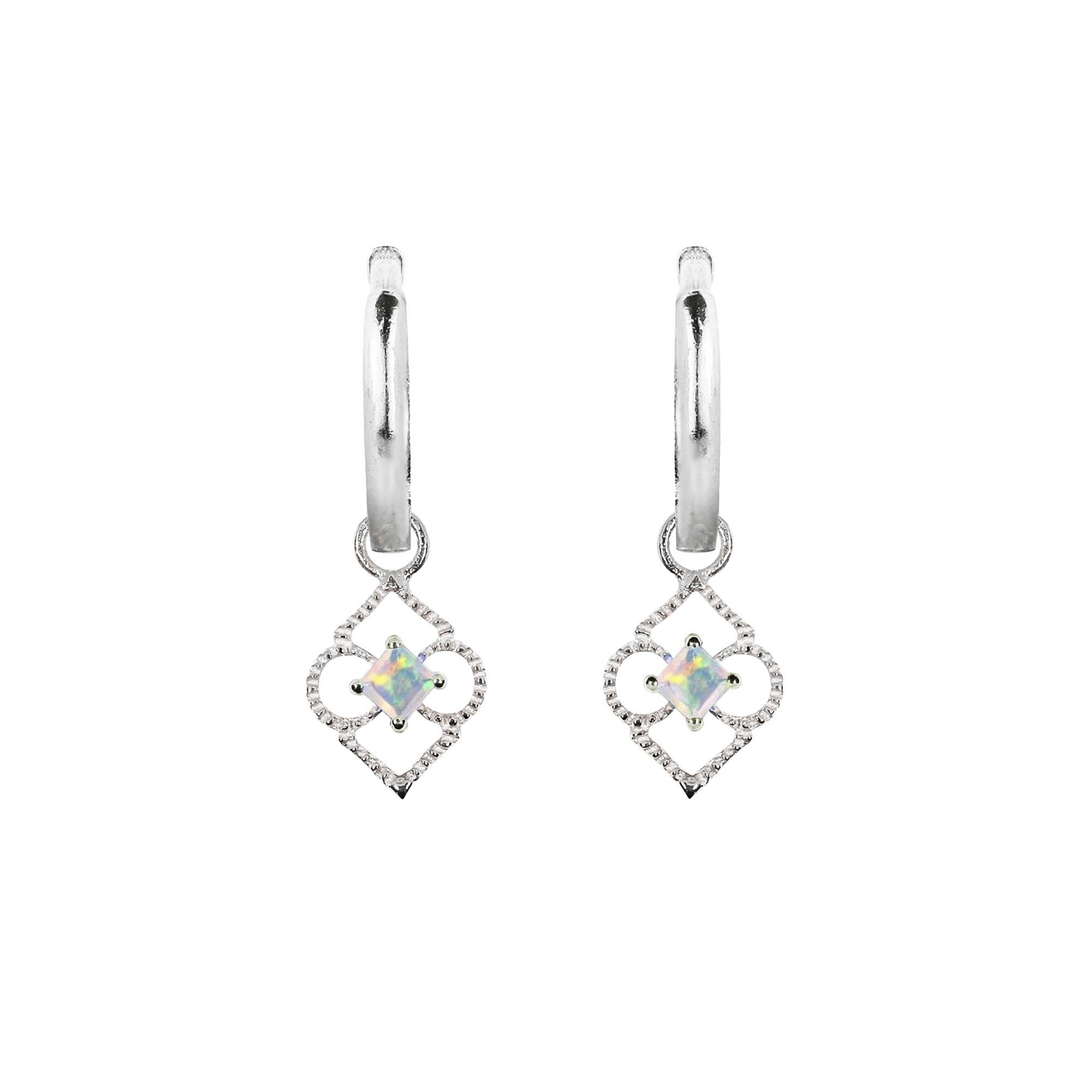 Opal Charm Huggie Hoops, Sterling Silver and Opal Earrings, Silver Charm Huggie Hoops, Opal Huggie Hoop Earrings, October Birthstone Earrings