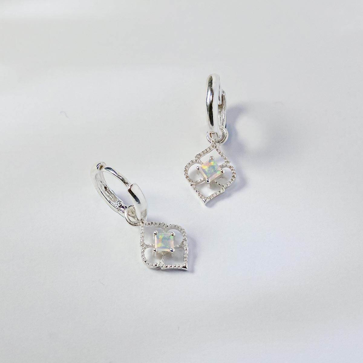 Sterling Silver and Opal Charm Huggie Hoop Earrings, Opal Huggie Hoops, Silver Opal Huggies