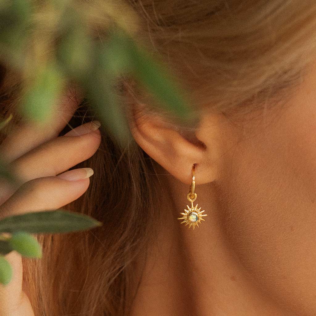 Gold Sunburst Opal Huggie Hoop Earrings, Opal Gold Huggie Hoops, October Birthstone Gold Huggie Hoop Earrings