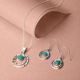 Infinity Universe Silver Turquoise Necklace and Earrings Set, Silver circles pendant with Turquoise Stone, Turquoise Pendant, December Birthstone Necklace