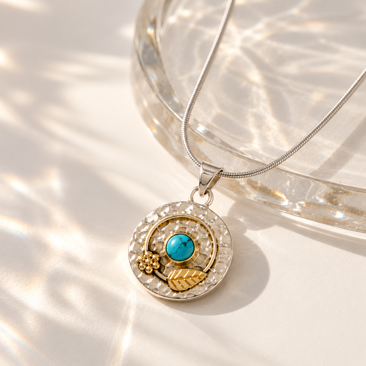 Secret garden necklace, Turquoise disc necklace, Hammered silver disc necklace, December birthstone pendant necklace