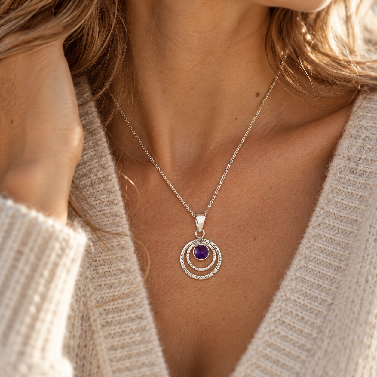 Amethyst Silver Necklace, February Birthstone Silver Necklace, Silver Infinity Necklace with Amethyst, Amethyst and Silver Circles Necklace