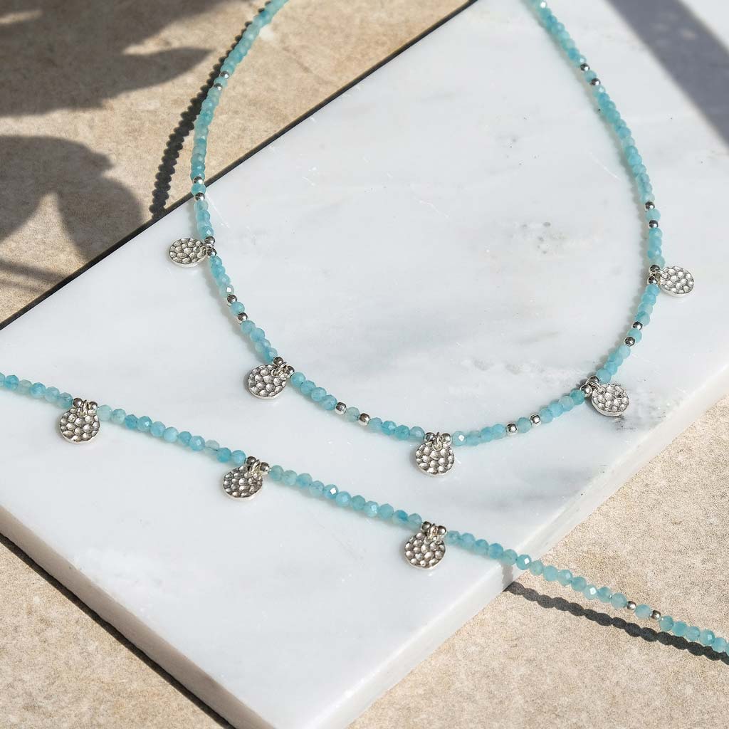 Amazonite Beaded Coin Necklace and Bracelet, Blue Gemstone Beaded Necklace, Beaded Jewellery, Handmade Silver Coin Beaded Necklace