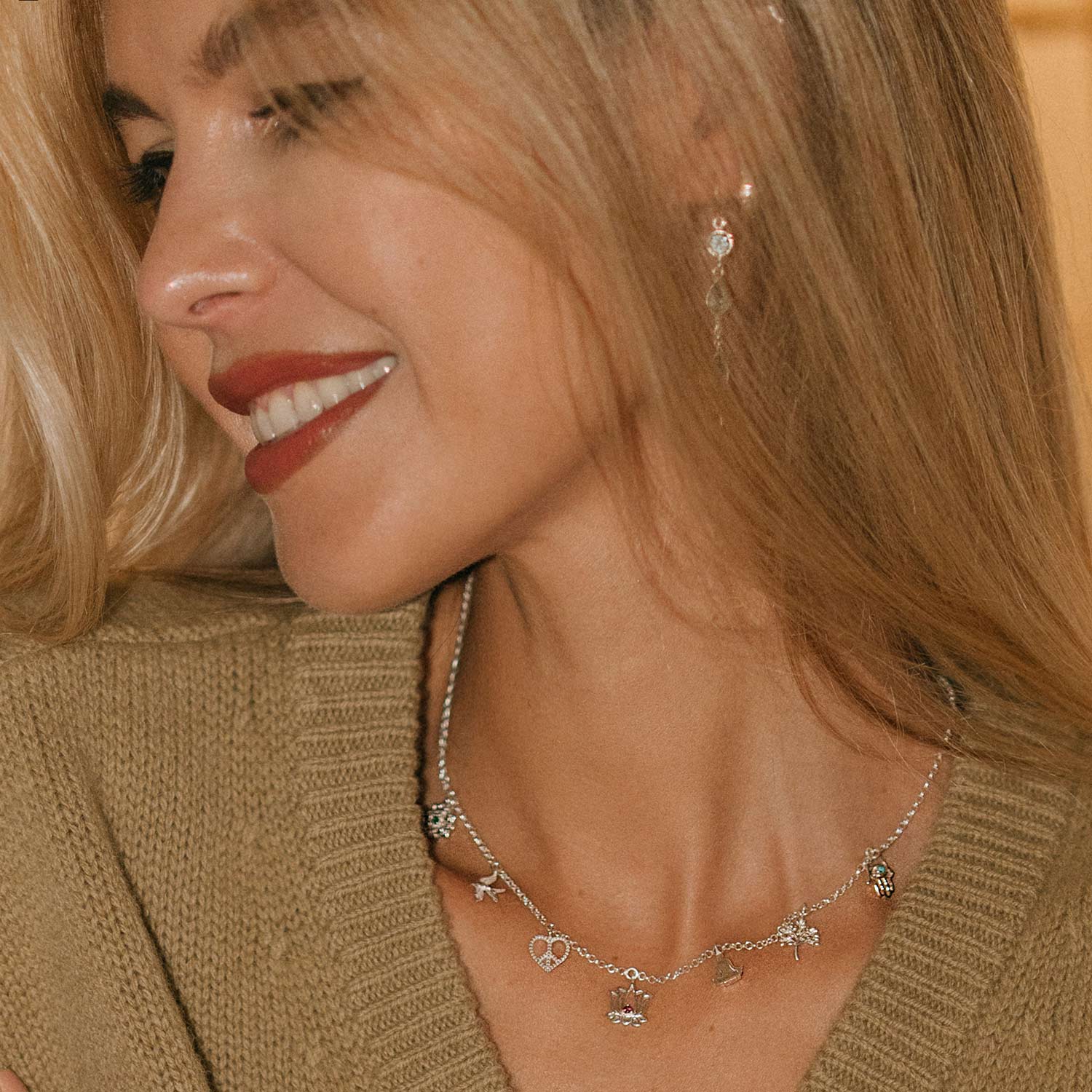 Sterling silver symbolic charm necklace, Chakra, Swallow, Heart, Lotus Flower, Buddha, Tree of Life and Hamsa Hand Charm Necklace, Silver Charm Necklace, Peace, Love and Freedom Silver Charm Necklace