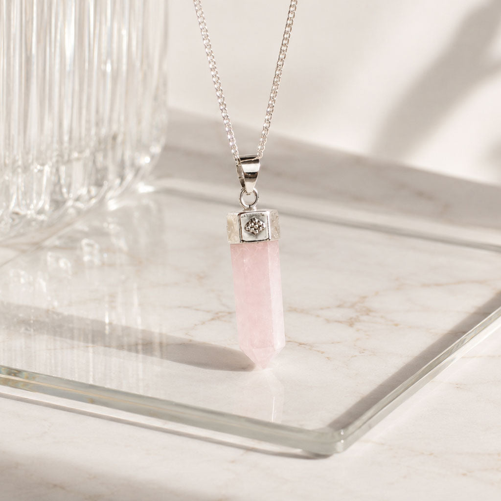 Rose Quartz Pendant Necklace, Sterling Silver Rose Quartz Bullet Necklace