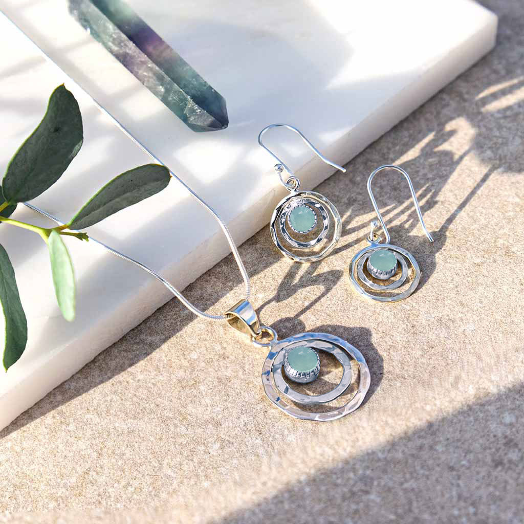 Aqua Chalcedony Silver Infinity Necklace and Earring Set