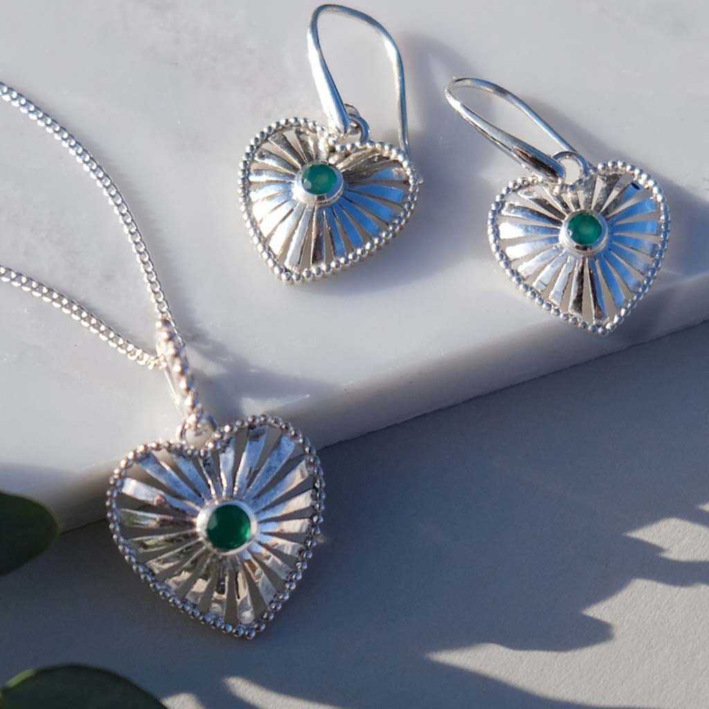 Heart Rays Green Onyx Earrings and Necklace Set