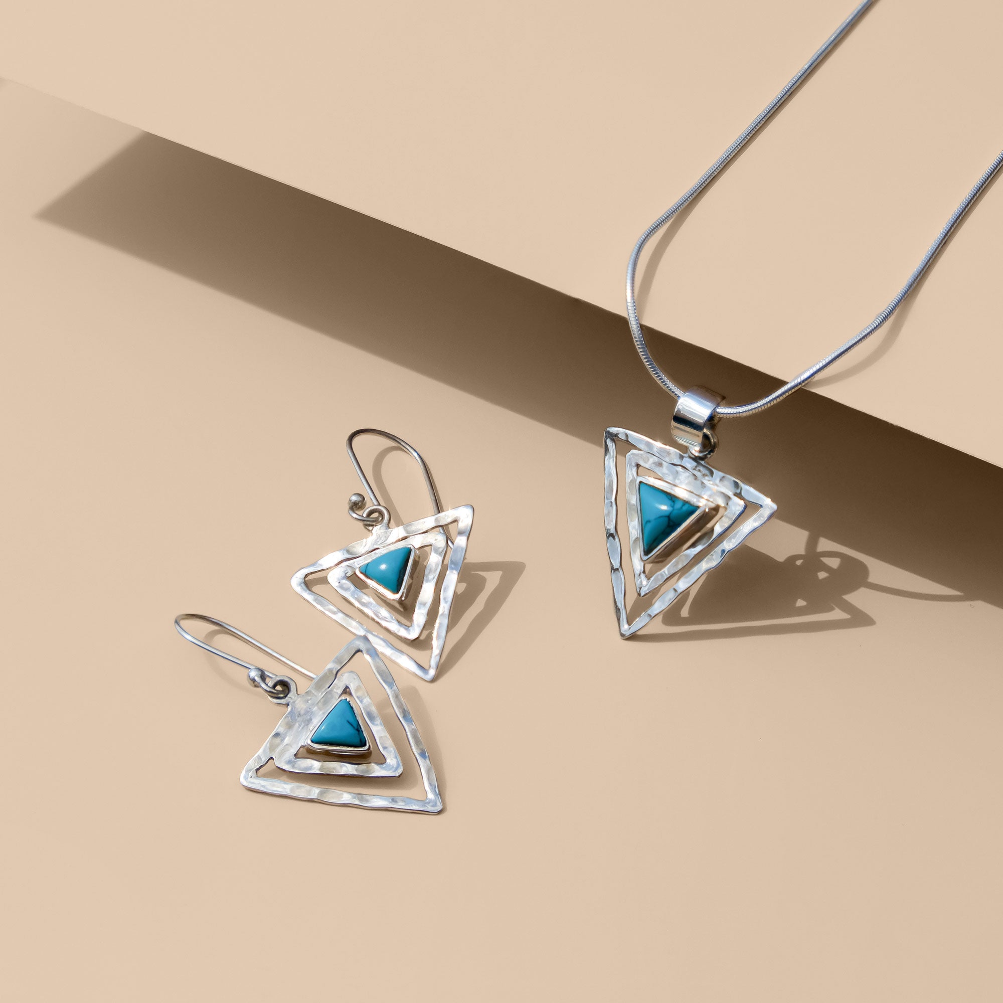 Silver Turquoise Triangle Necklace with matching Silver Turquoise Drop Earrings