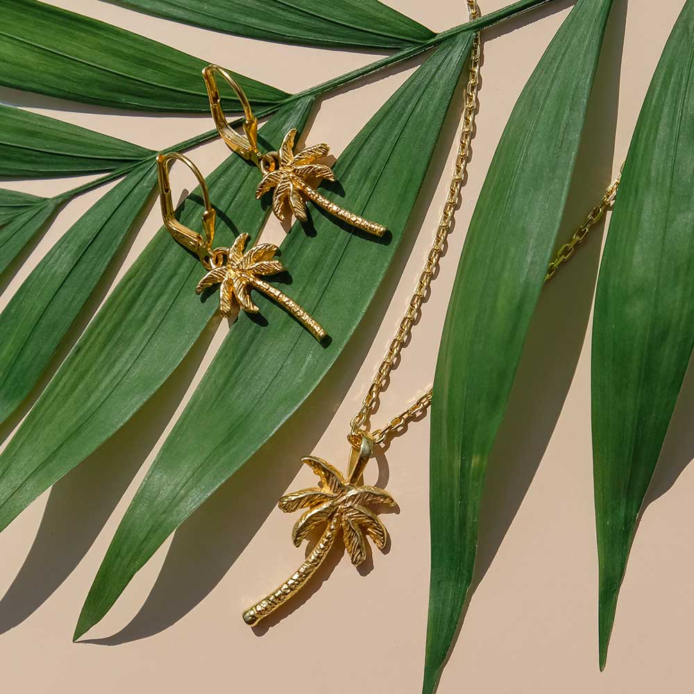 Gold Plated Palm Tree Drop Earrings and Necklace